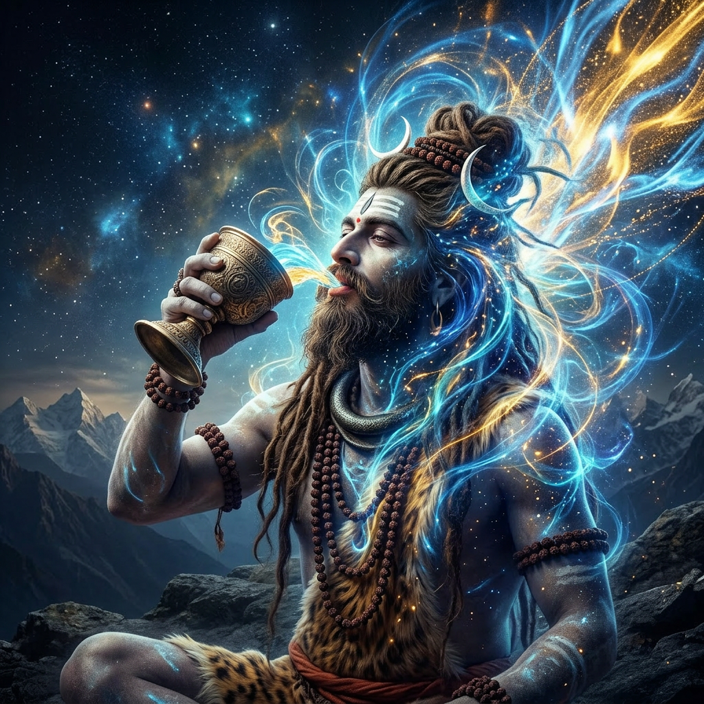 Dark crystalline fragments breaking apart with swirling blue and orange energy sparks