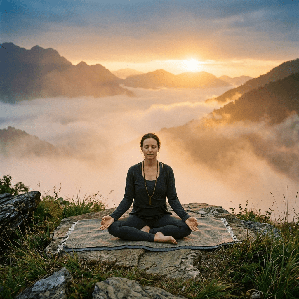 Woman meditating cross-legged on a blanket on a mountain peak during sunrise with misty mountains in background