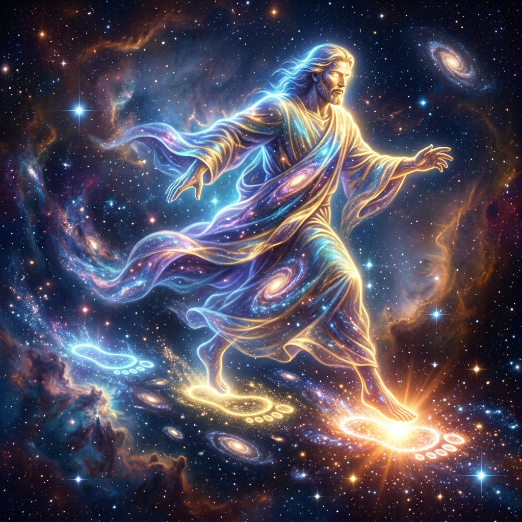 A luminous figure adorned with galaxies steps on glowing footprints amid a cosmic starfield