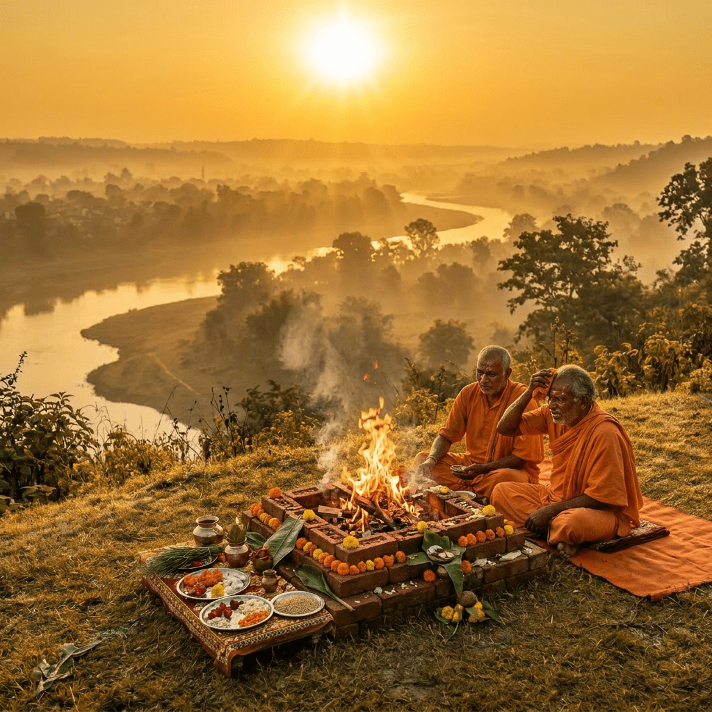 Two men in orange robes performing a fire ritual with offerings near a river at sunrise