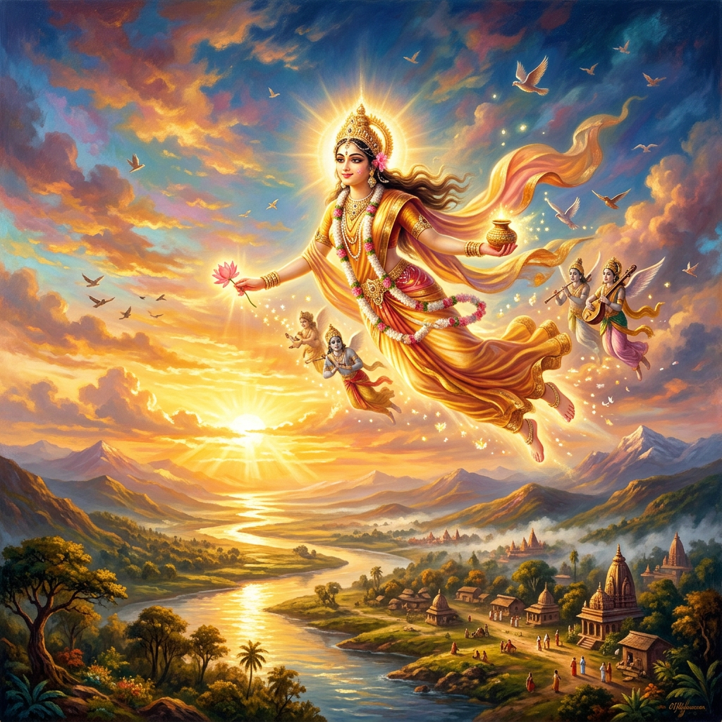 Goddess with a lotus and pot flying above a river and village at sunrise with accompanying angelic figures