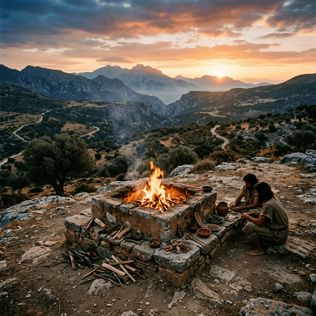 Two people sitting near a stone fire pit with flames, surrounded by bowls and wooden utensils, overlooking mountains at sunset