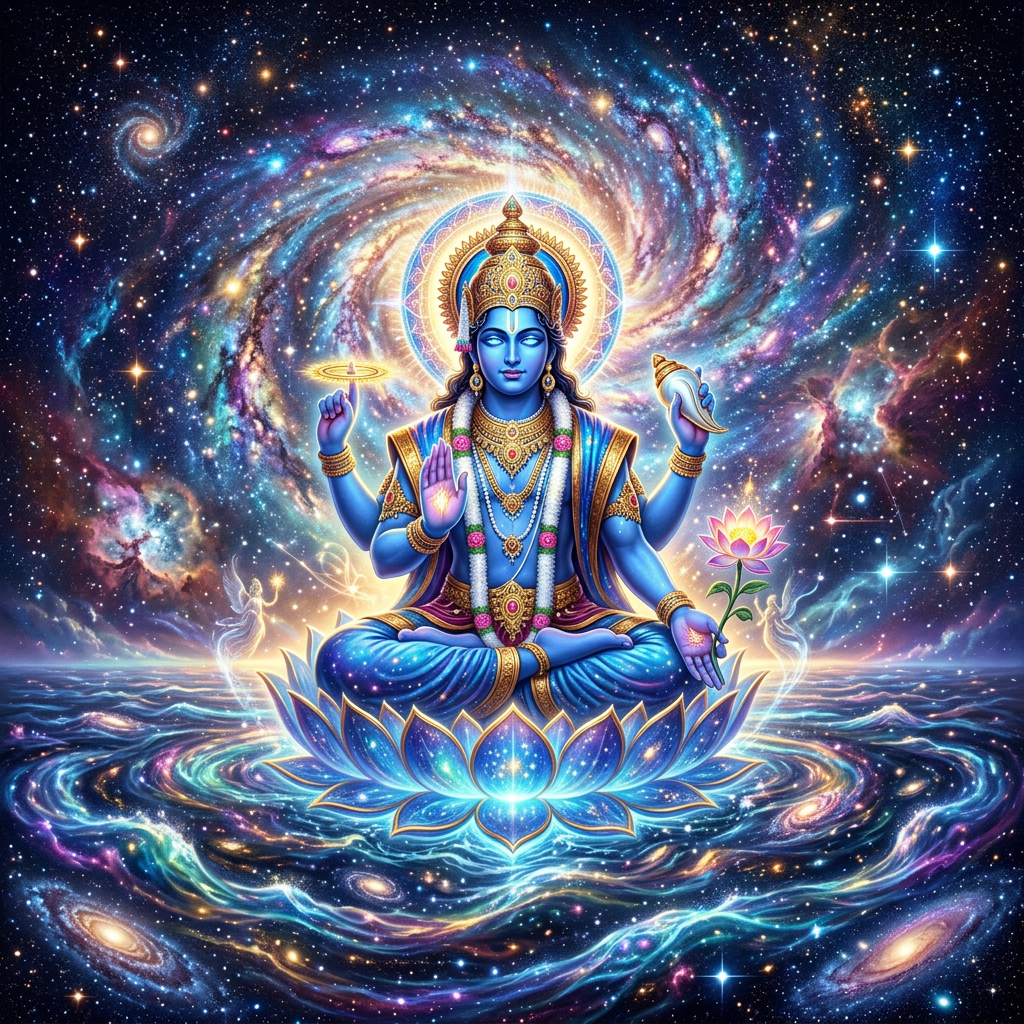 Blue-skinned deity with four arms seated on a glowing lotus surrounded by galaxies and stars