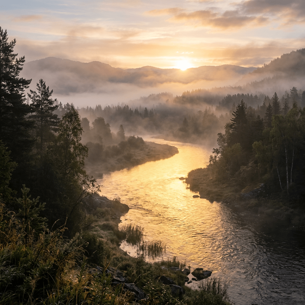 River winding through forest with sunrise and morning mist in a mountainous valley