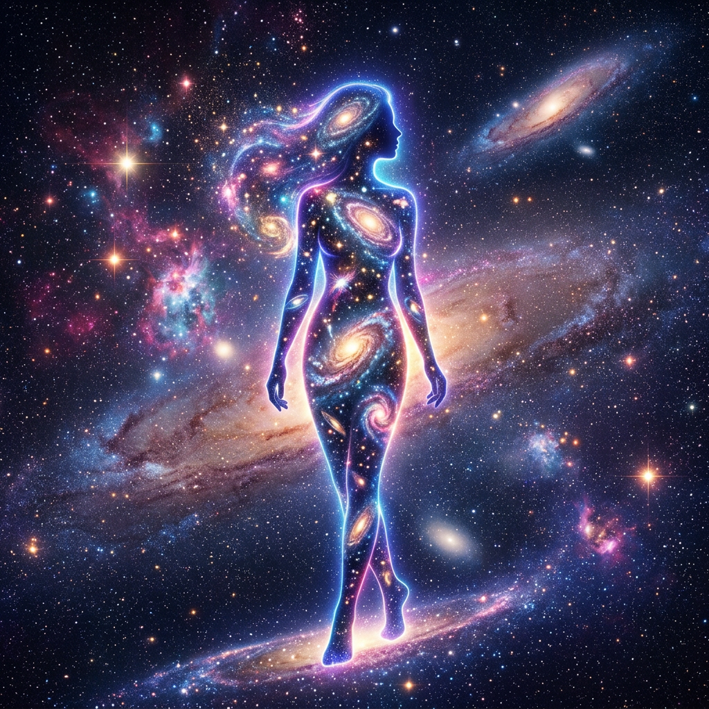 Silhouette of a glowing woman filled with swirling galaxies and stars