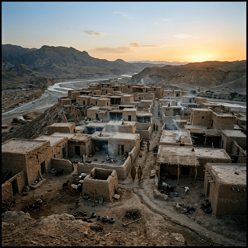 A small adobe village with people and animals during sunset in a mountainous desert area