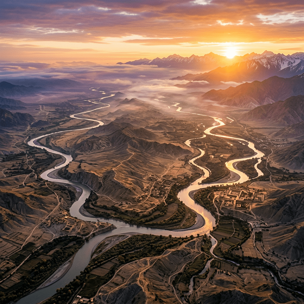 Winding river flowing through mountain valley with sunrise and mist