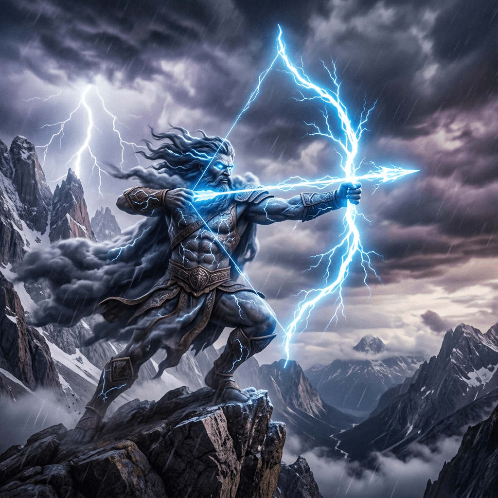 Muscular god with glowing eyes firing electric bow on mountain during thunderstorm