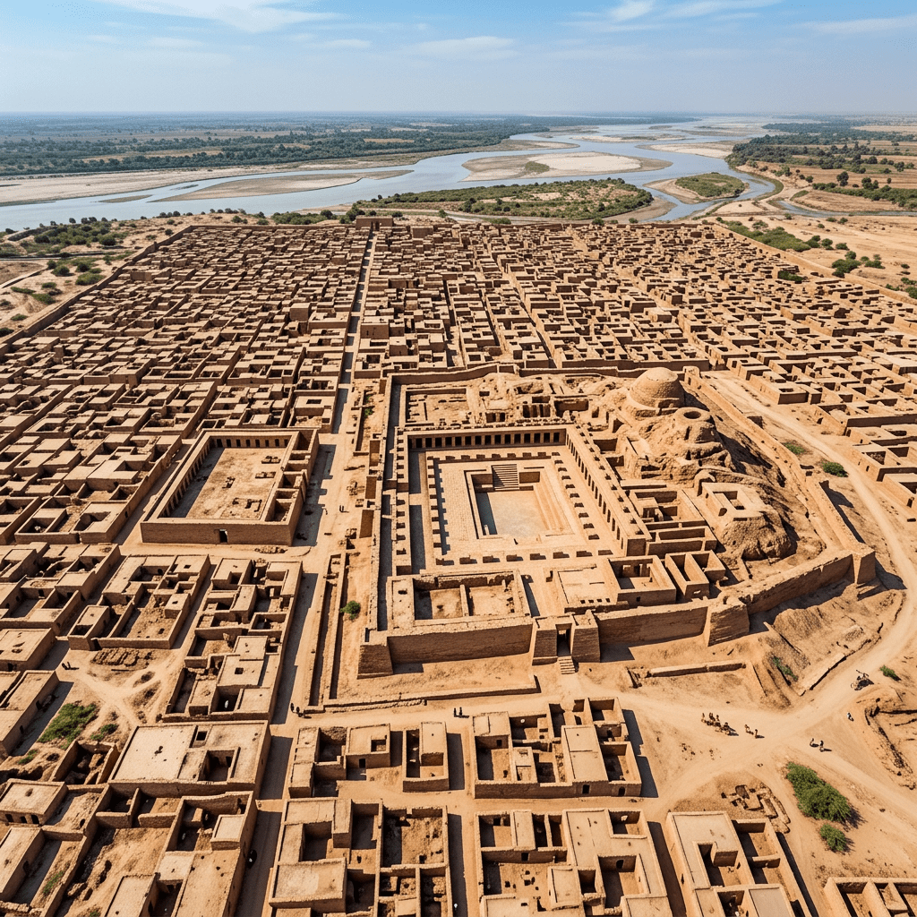 Aerial view of a large ancient city ruin with rectangular structures and a river beyond