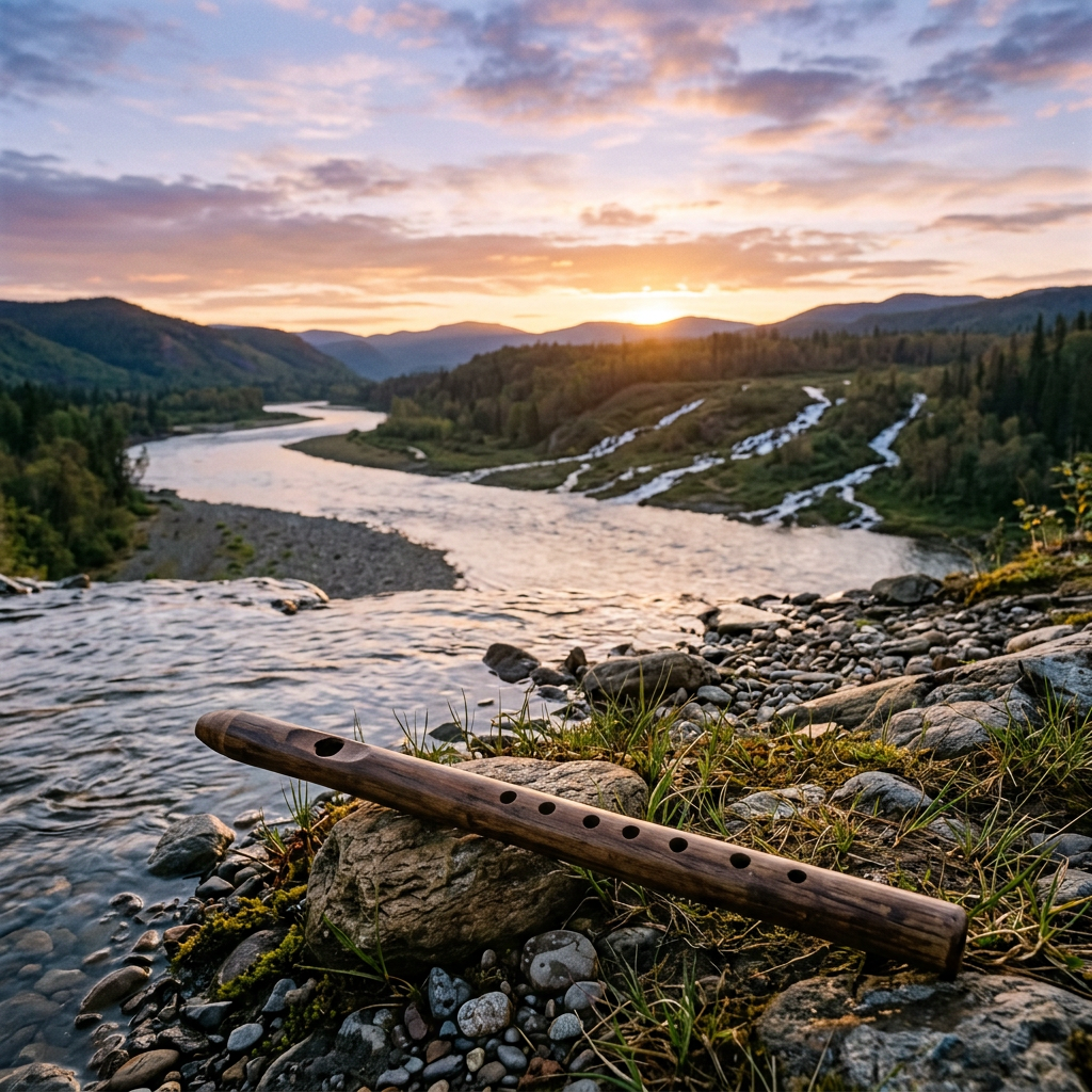 Wooden flute lying on rocky ground near flowing river at sunset
