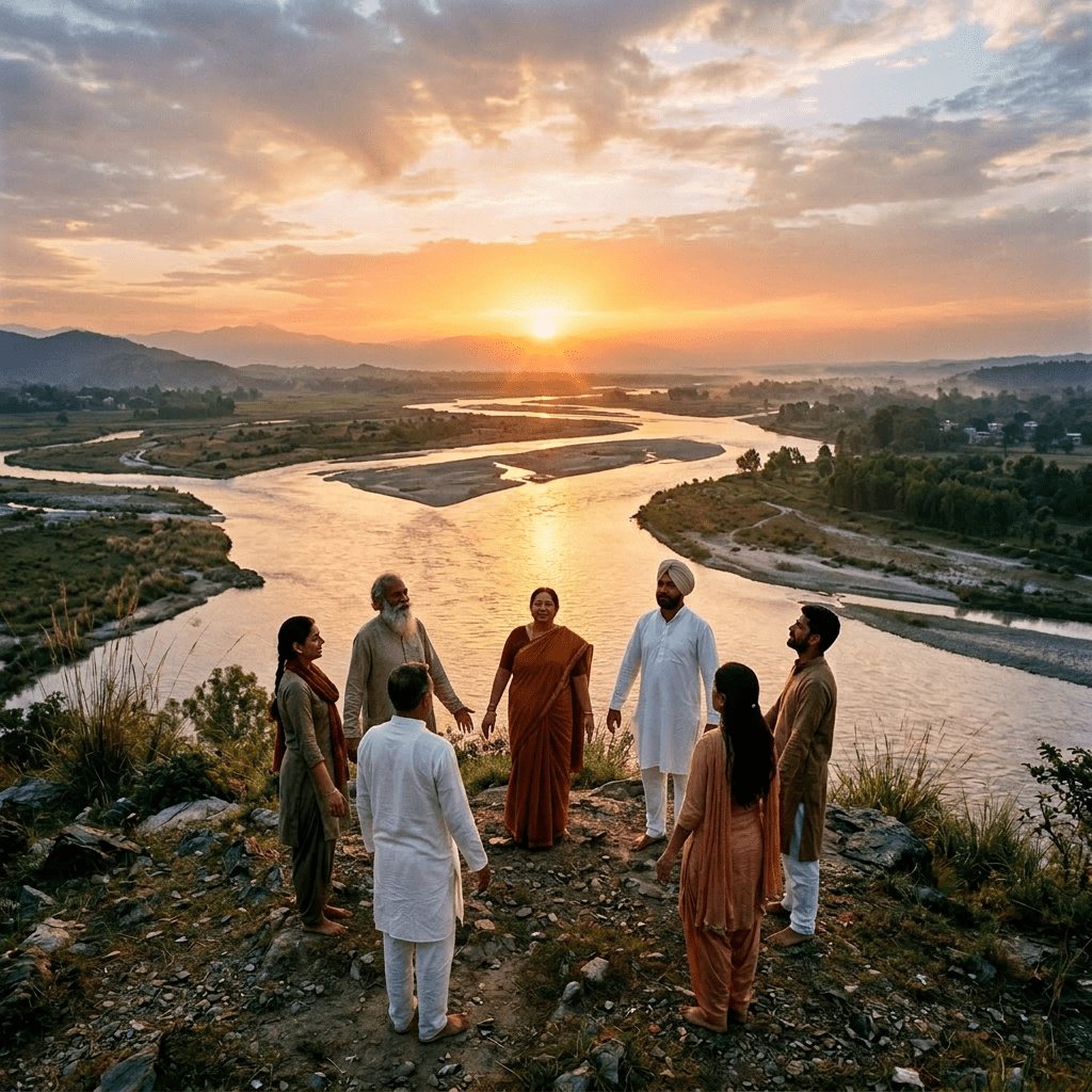 Seven people standing in a circle holding hands near a river at sunrise.