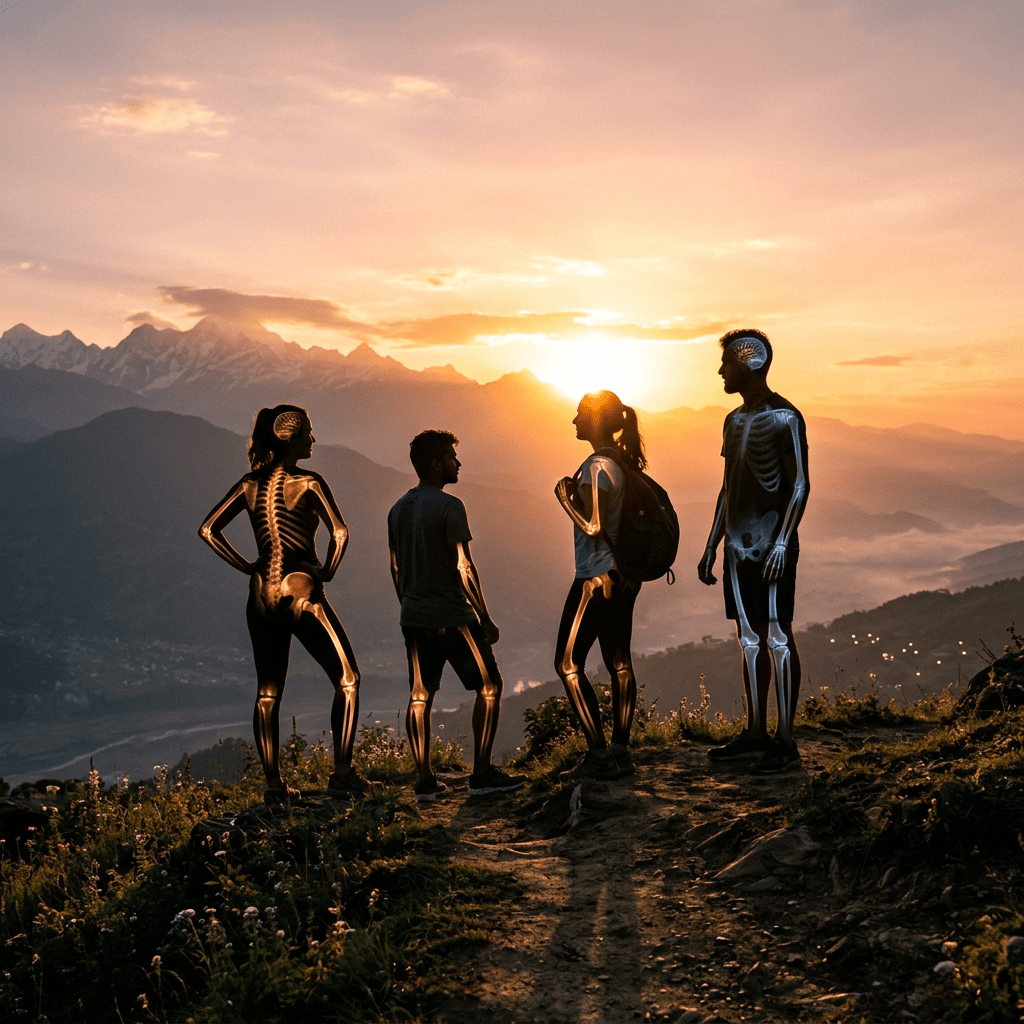 Four hikers on mountain trail at sunset with digital skeletal overlays on their bodies