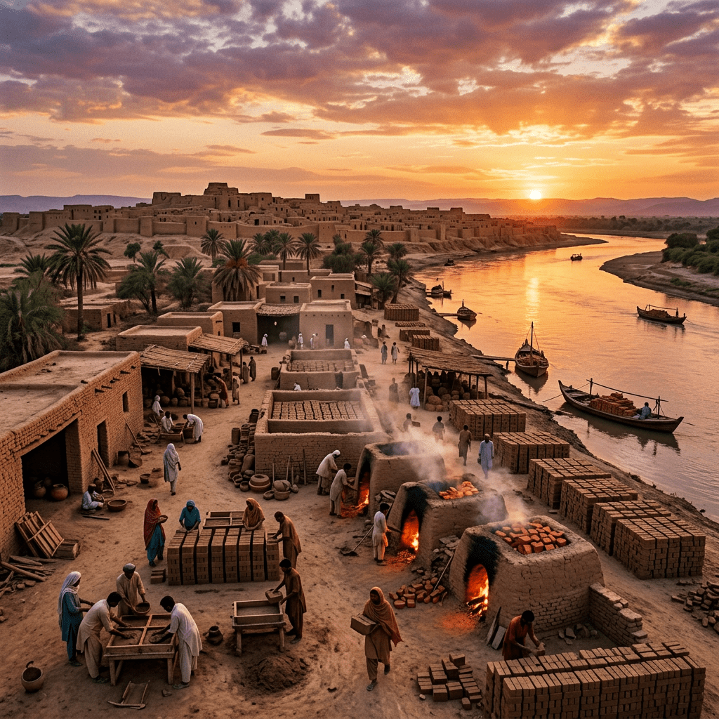 Artisans making bricks and firing clay ovens by the river at sunset