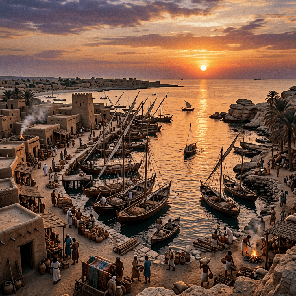 Ancient harbor with sailing boats, people trading pottery and goods, sunset over calm sea