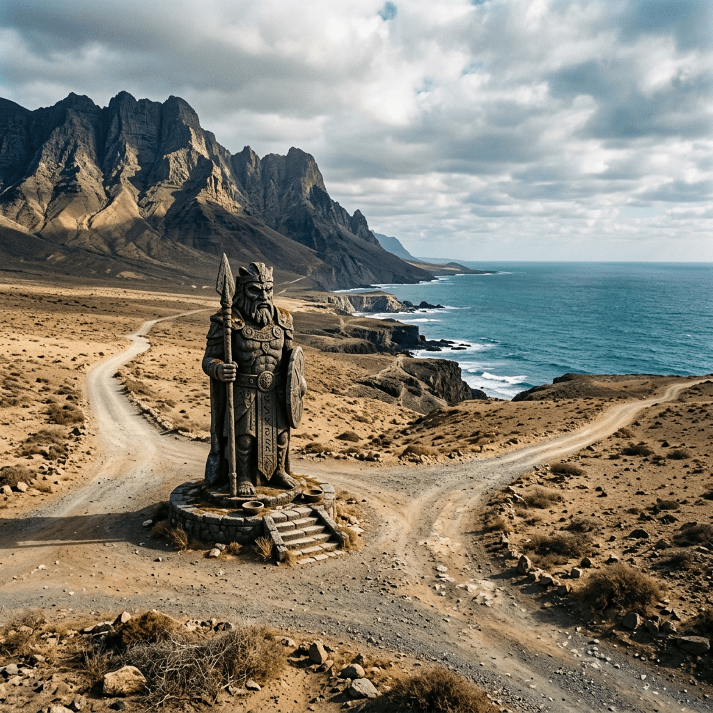 Stone warrior statue holding spear and shield at desert crossroads by the ocean