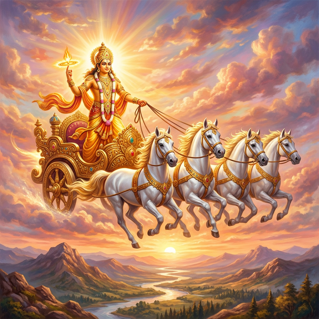 Deity in golden chariot with four white horses riding through a vibrant sky