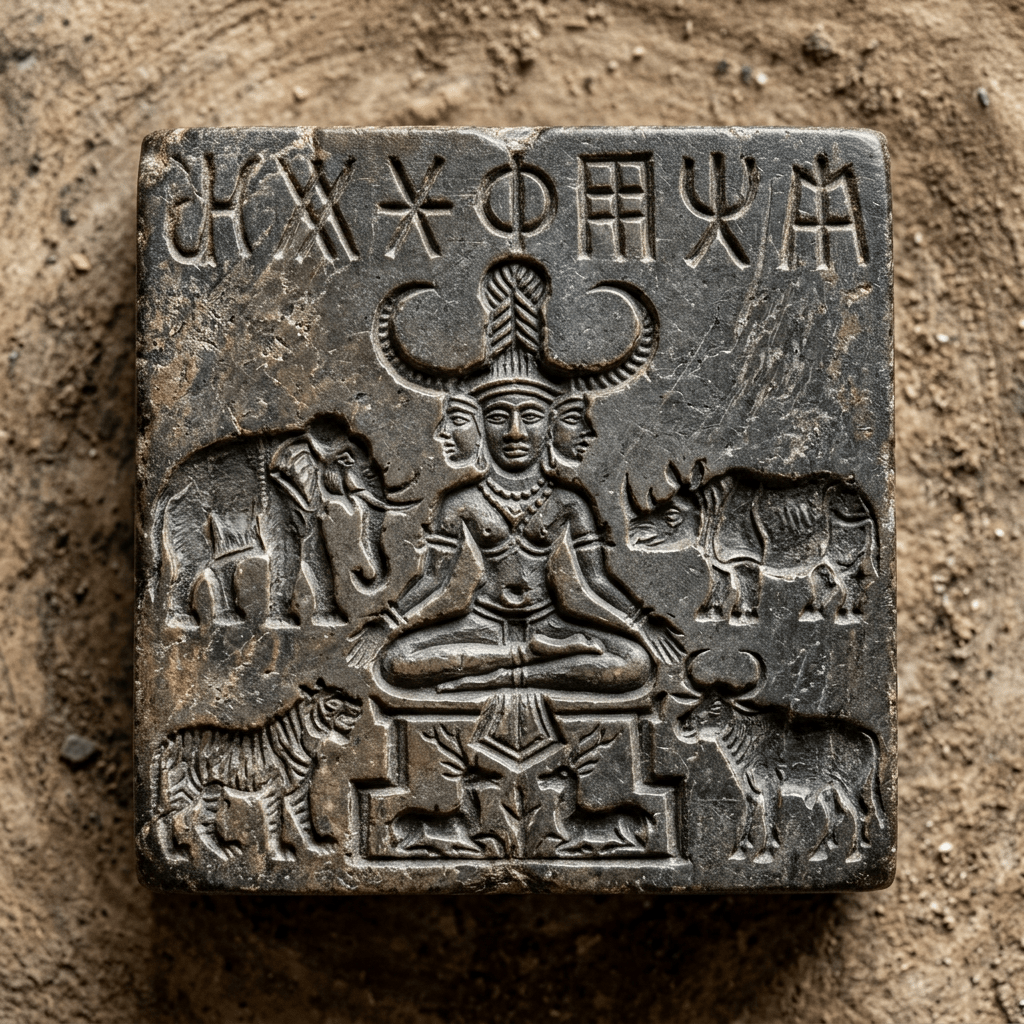 Stone seal with a three-headed seated figure wearing a headdress, surrounded by an elephant, rhinoceros, tiger, and a bull, with ancient script above