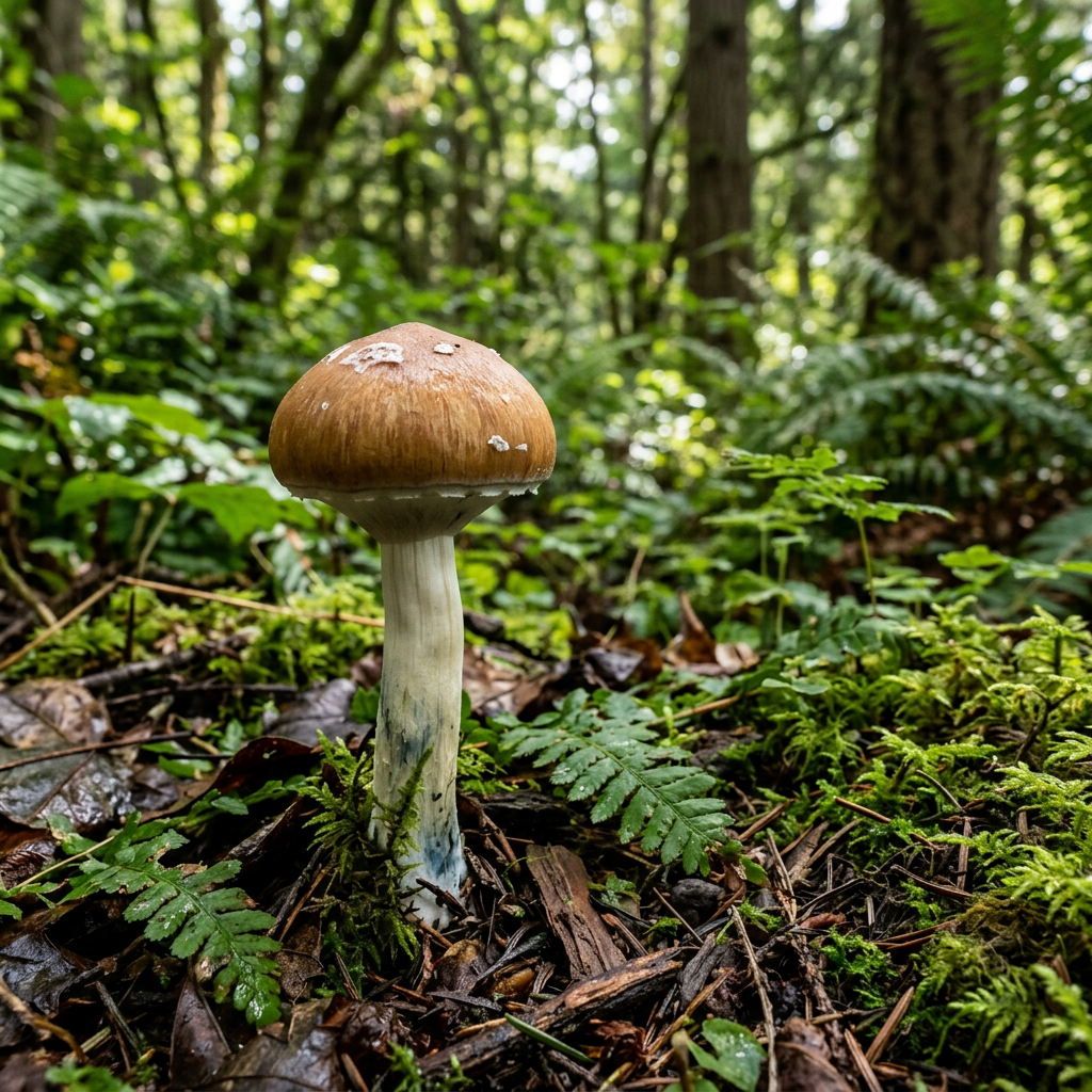 Brown-capped mushroom with a white stem standing amidst green ferns and moss on a forest floor