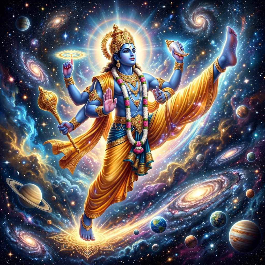 Lord Vishnu with four arms performing a cosmic dance in space surrounded by planets and galaxies