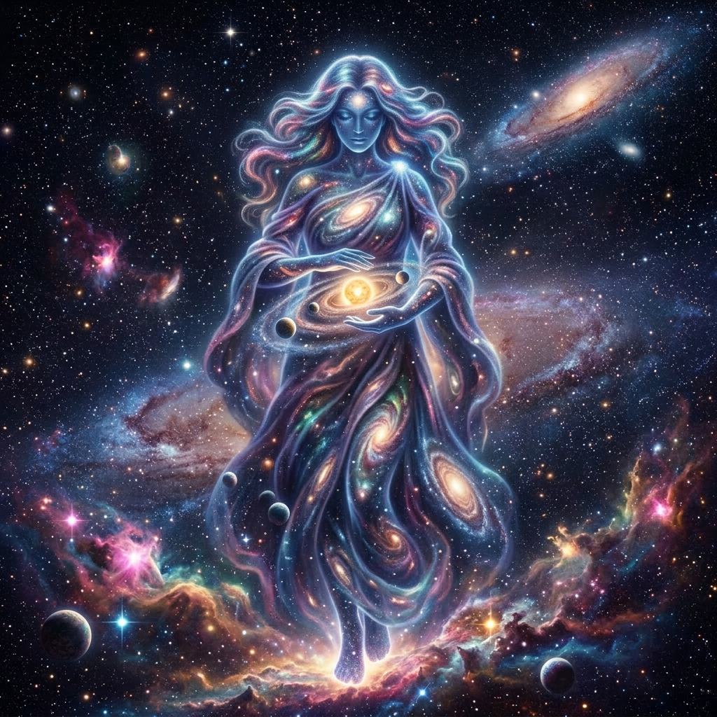 Glowing female silhouette formed by galaxies, stars, and cosmic elements floating in space