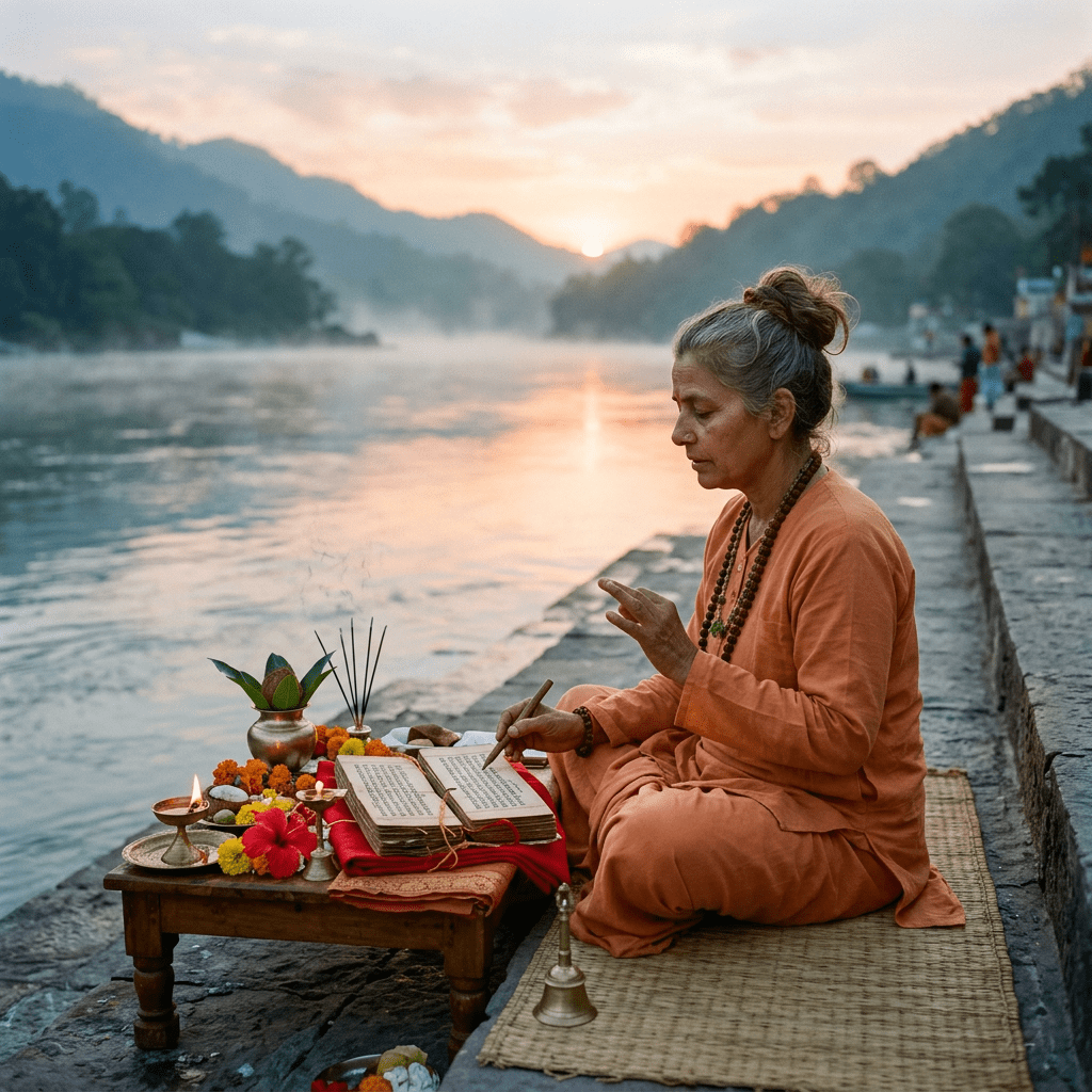 Woman in orange robes chanting and writing near a river with spiritual offerings and incense.