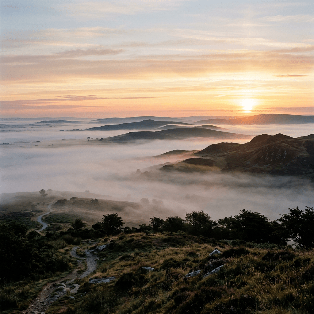 Rolling hills and valleys partially covered in morning mist with the sun rising in the background