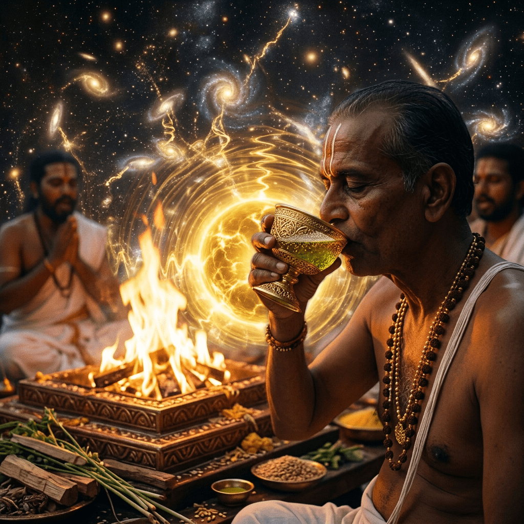 Priest drinking from a ceremonial cup during a fire ritual with cosmic galaxy symbols behind