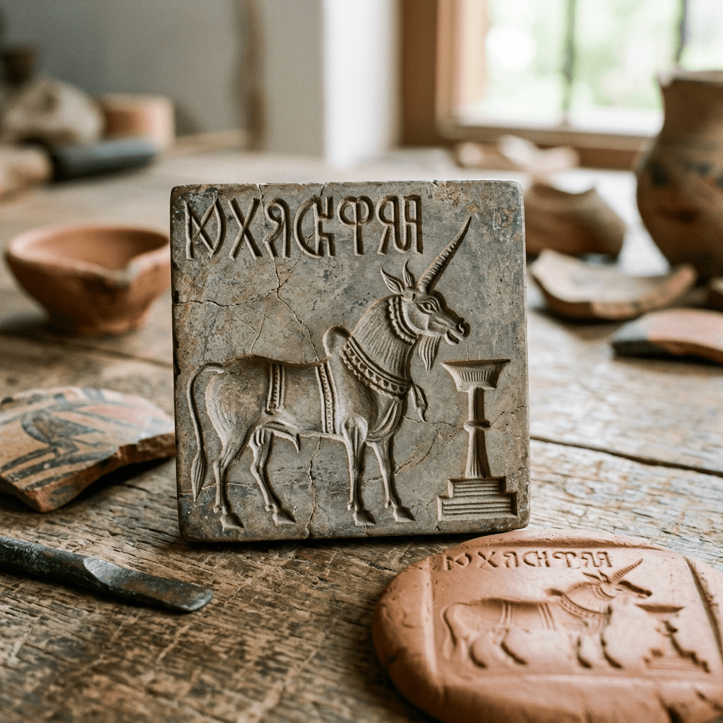 Carved stone showing a unicorn standing near a pedestal with ancient script above