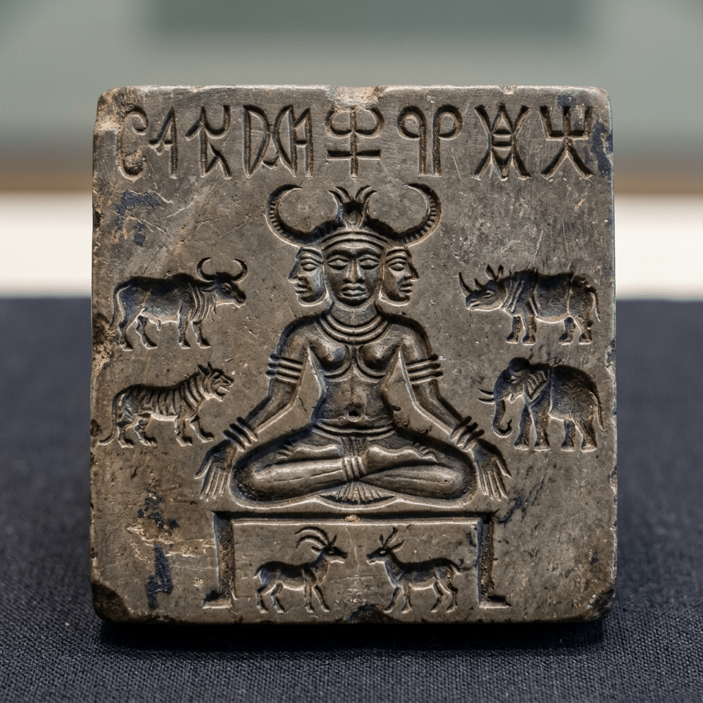 Stone tablet with a three-headed human figure seated cross-legged, surrounded by carved animals and ancient script.