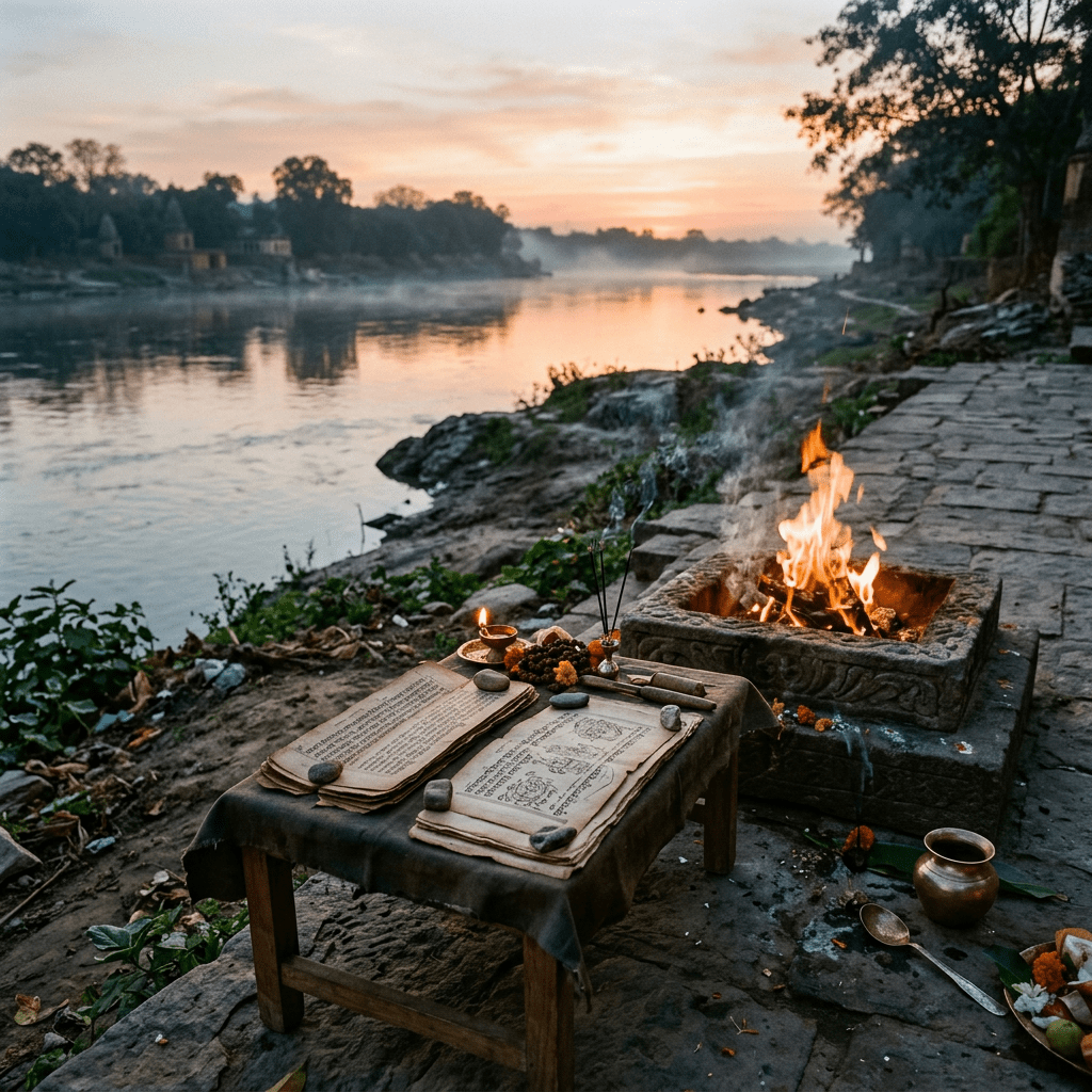 Ancient scriptures on a wooden table beside a sacred fire and ritual items by the river at sunrise