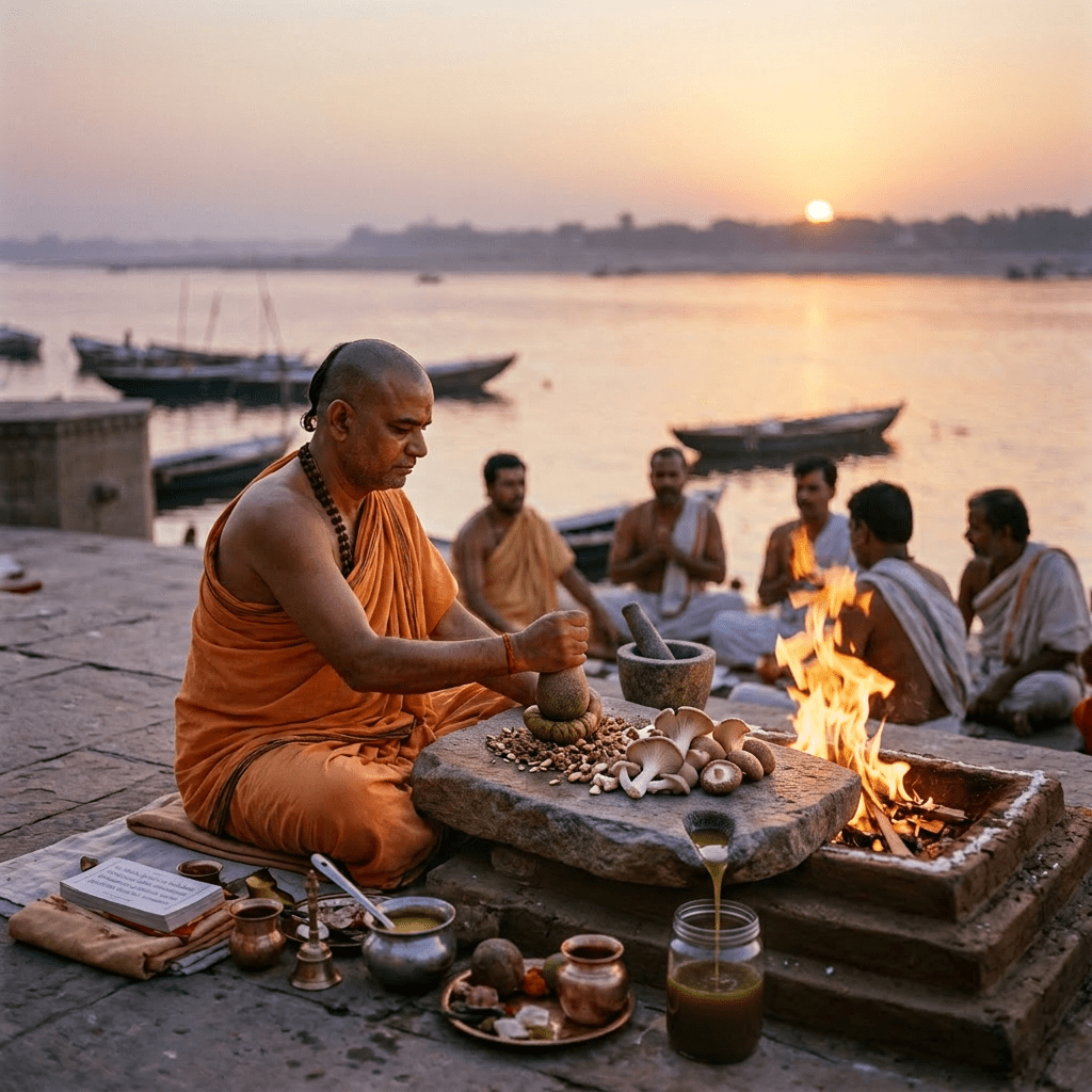 Hindu priest performing fire ritual by river at sunset with offerings and others praying