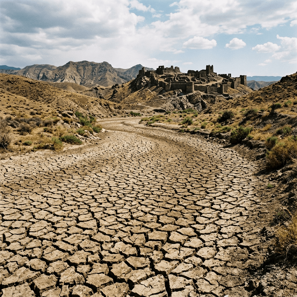 Cracked dry earth leading to ruins of a fortress on a hill in arid terrain
