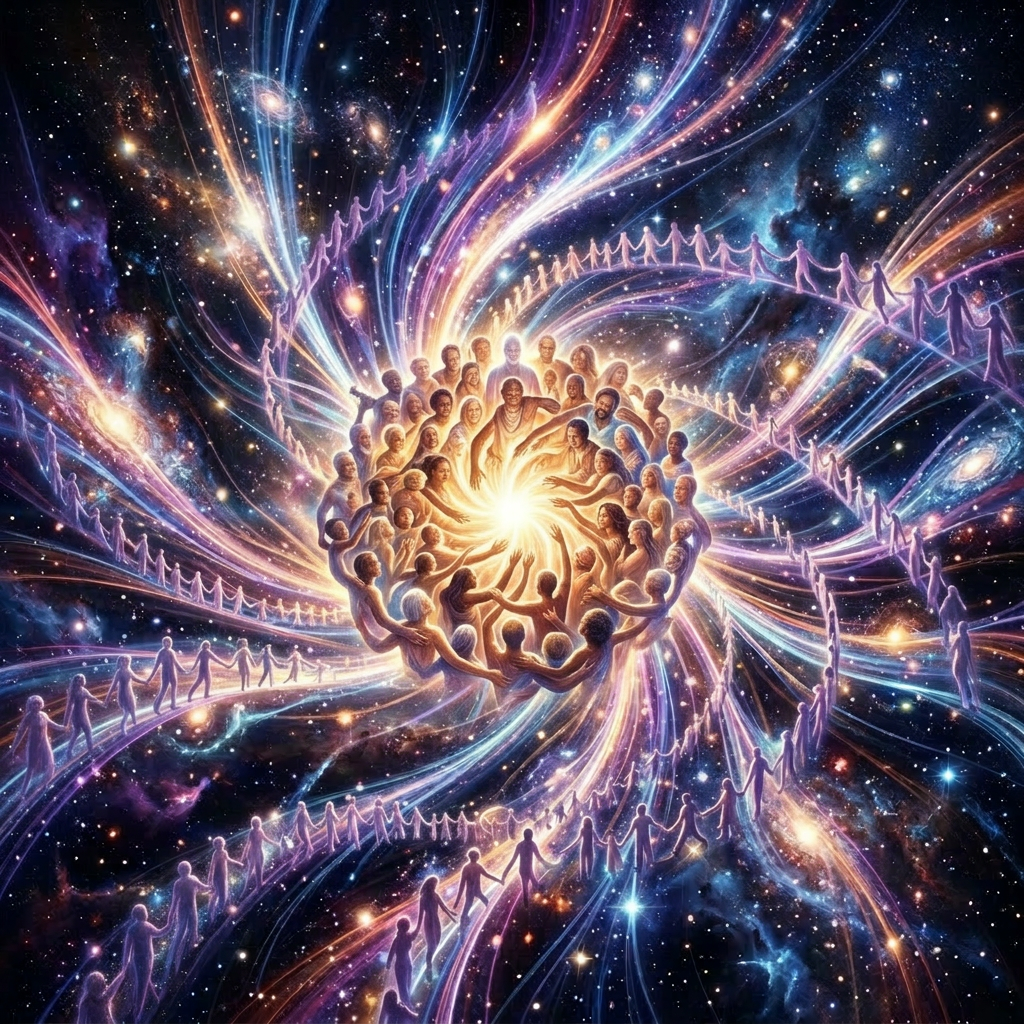 Human figures holding hands in spirals radiating from a bright light in a star-filled cosmic background