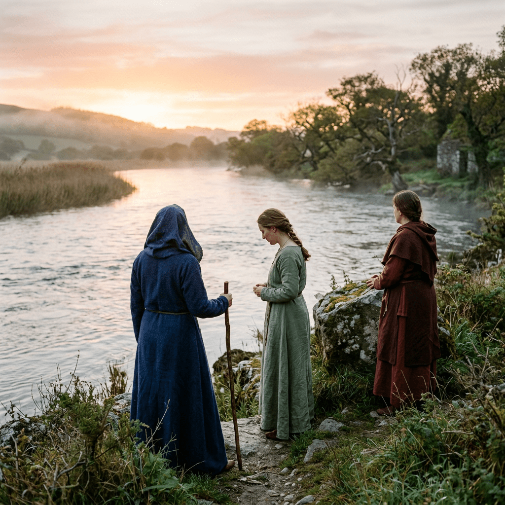 Three women dressed in medieval clothing standing by a riverbank at sunset