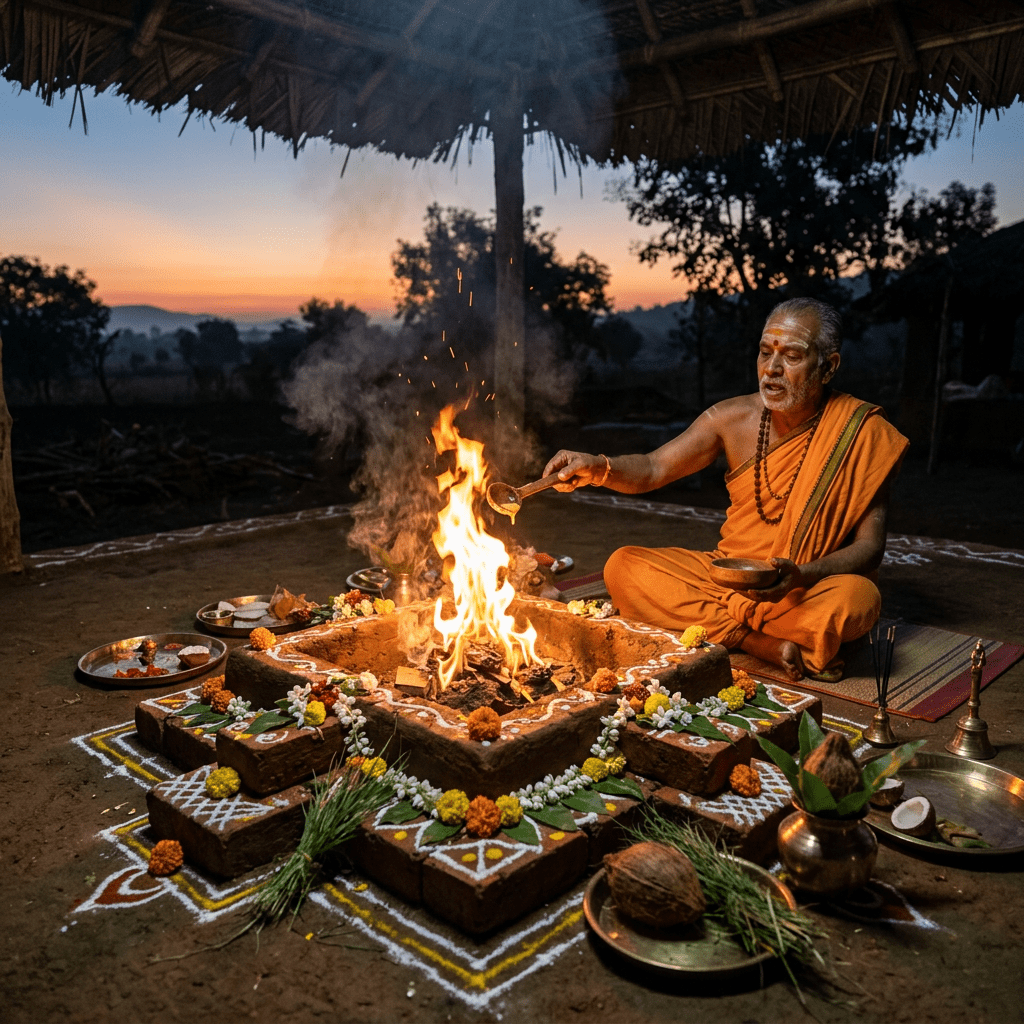 Hindu priest in orange robes conducting a fire ritual with offerings around a decorated fire altar at dusk