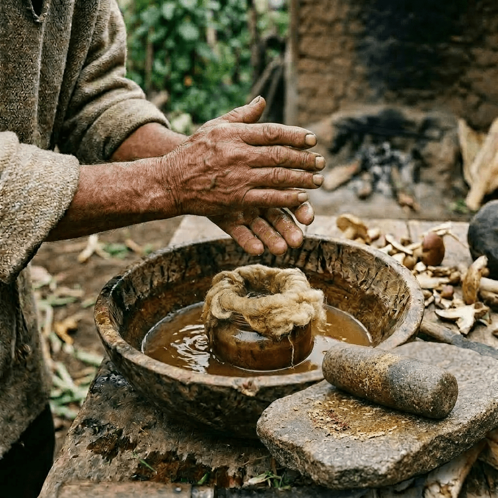 Hands squeezing green plant stalks over a wooden bowl with green liquid outdoors