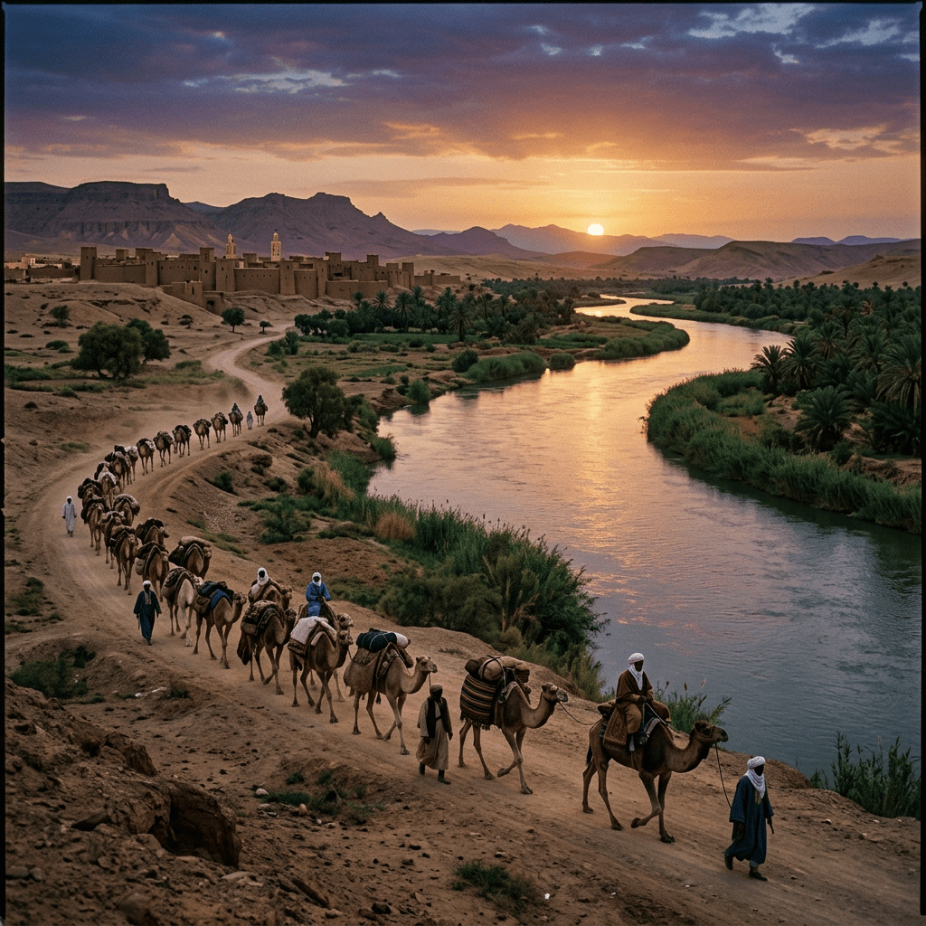 Camel caravan led by men walking along a dirt road beside a river at sunset near a desert village.