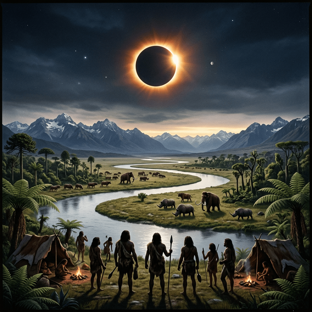 Group of early humans watching a solar eclipse above a winding river with mammoths and rhinos nearby