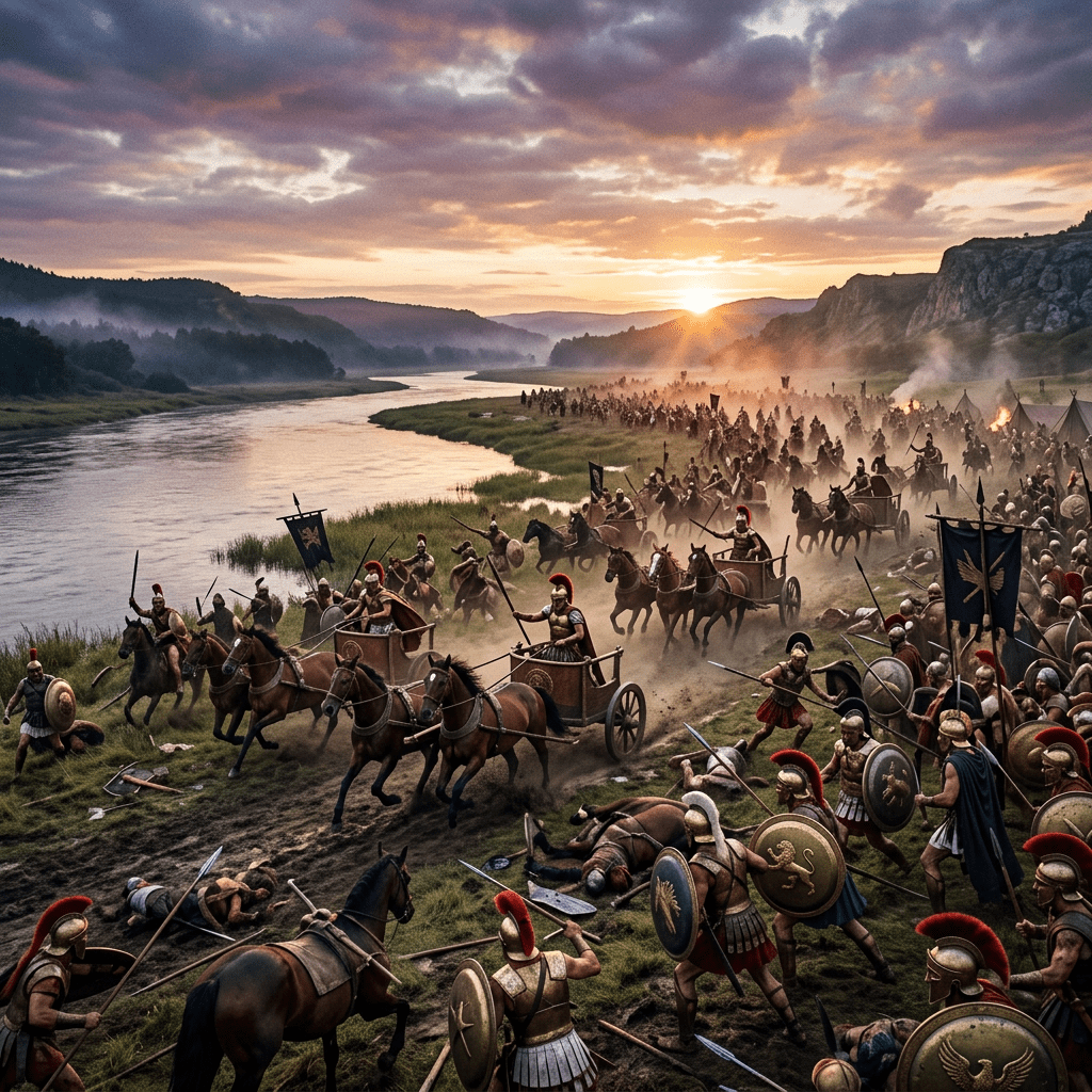 Ancient soldiers in armor fighting near a river at sunrise with chariots and shields