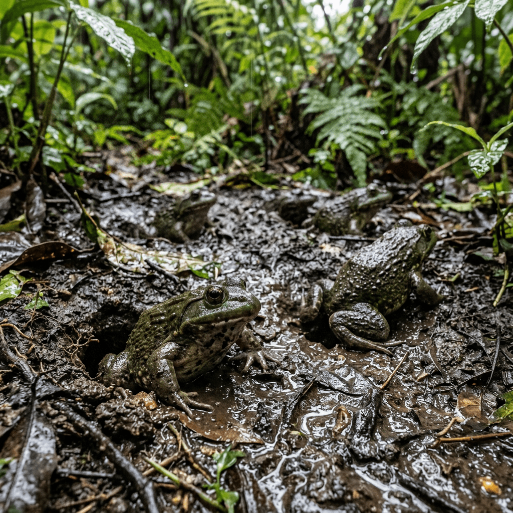 Multiple frogs resting on wet, muddy soil with green plants around them