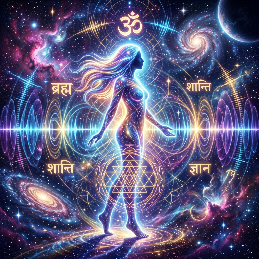 Silhouetted female figure glowing with cosmic energy, surrounded by stars, galaxies, and spiritual symbols including Om and Sanskrit text