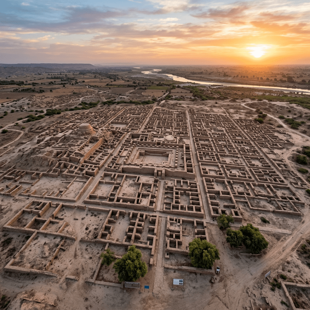 Aerial view of large ancient ruins spread over a sandy area near a river at sunset