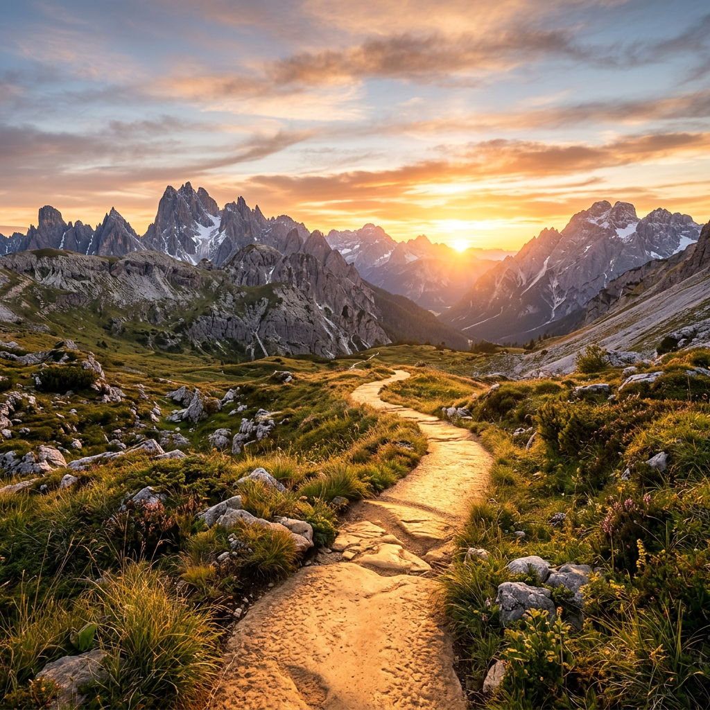 Winding trail through rocky alpine terrain at sunset with mountains in the background