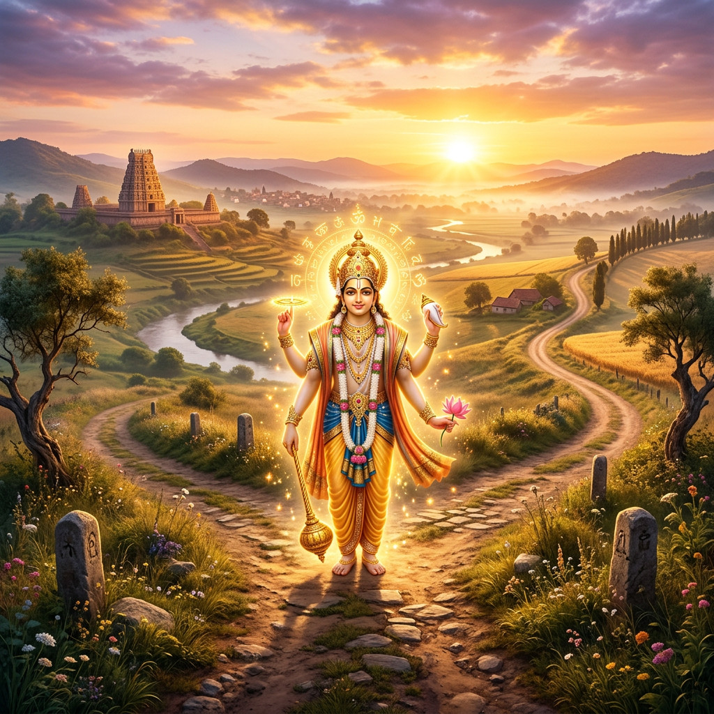 Hindu deity Vishnu glowing at a rural crossroads with temple and sunrise in background