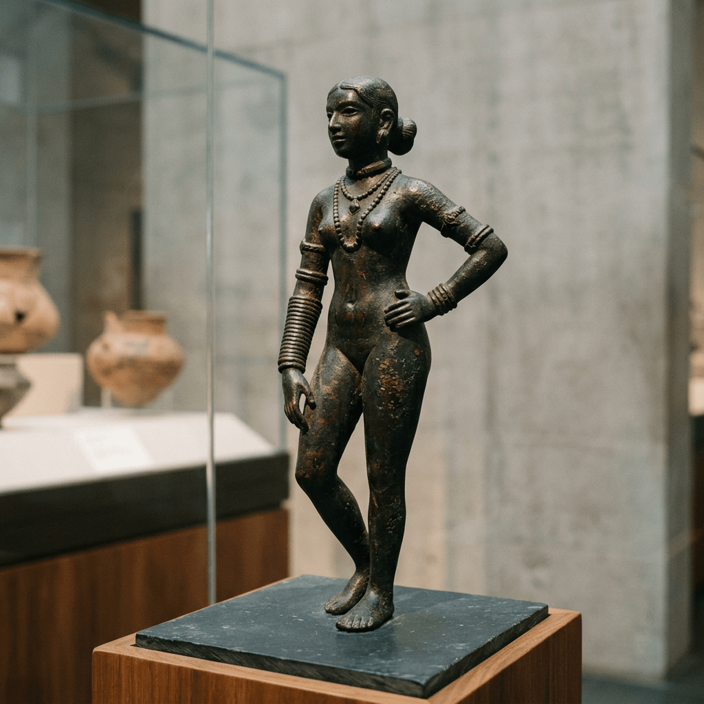 Bronze statue of a standing woman wearing necklaces and bangles