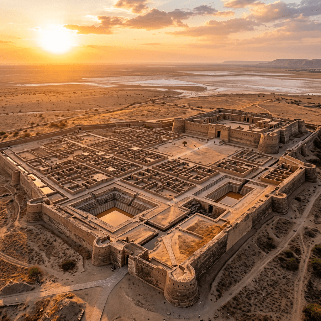 Aerial view of an ancient desert fort with walls and inner structures at sunset