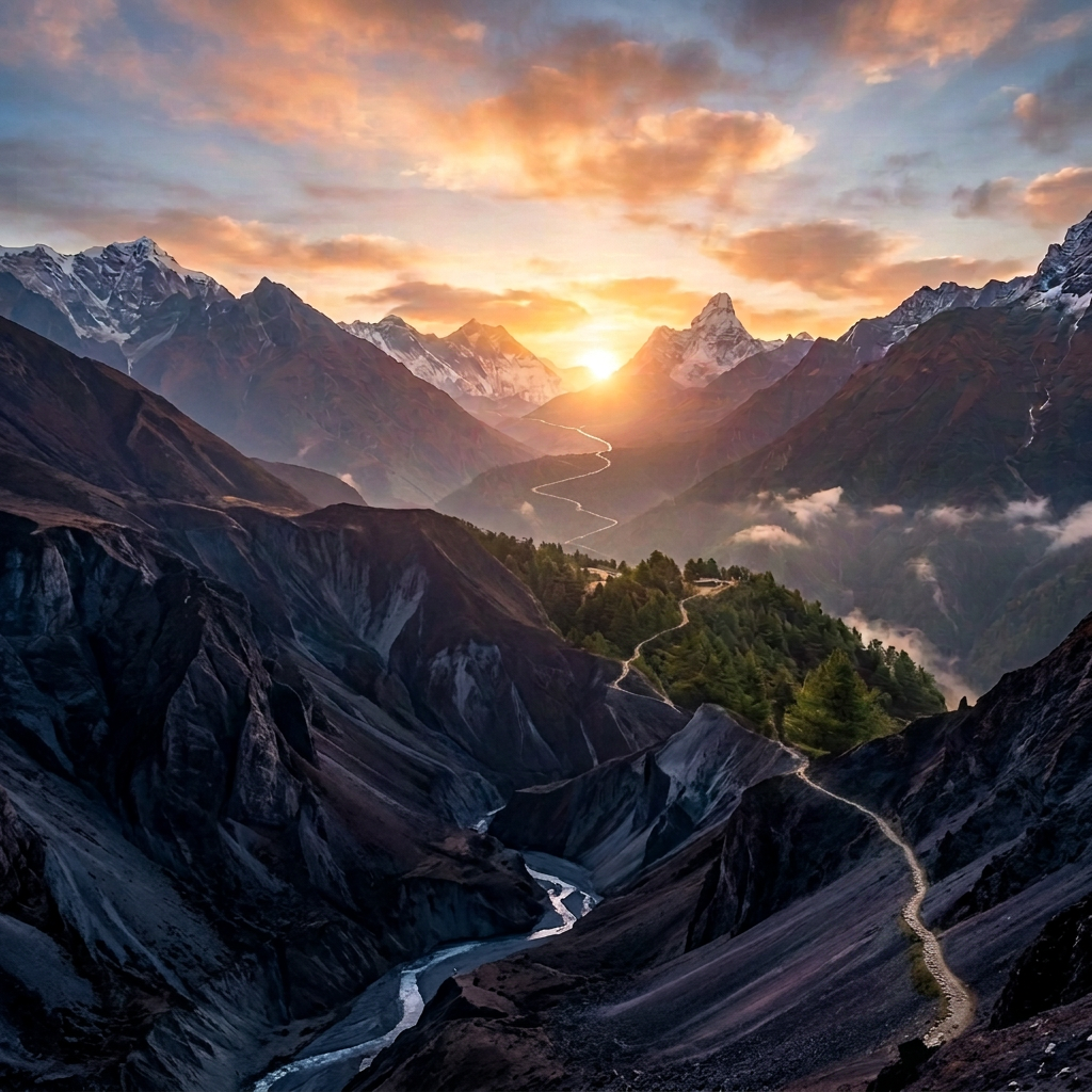 Monk walking on a rocky path by a Himalayan temple with prayer flags and sunrise