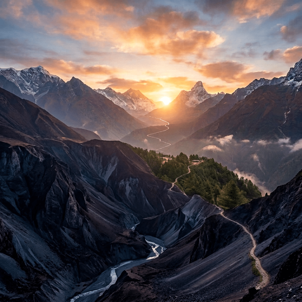 Monk walking on a rocky path by a Himalayan temple with prayer flags and sunrise
