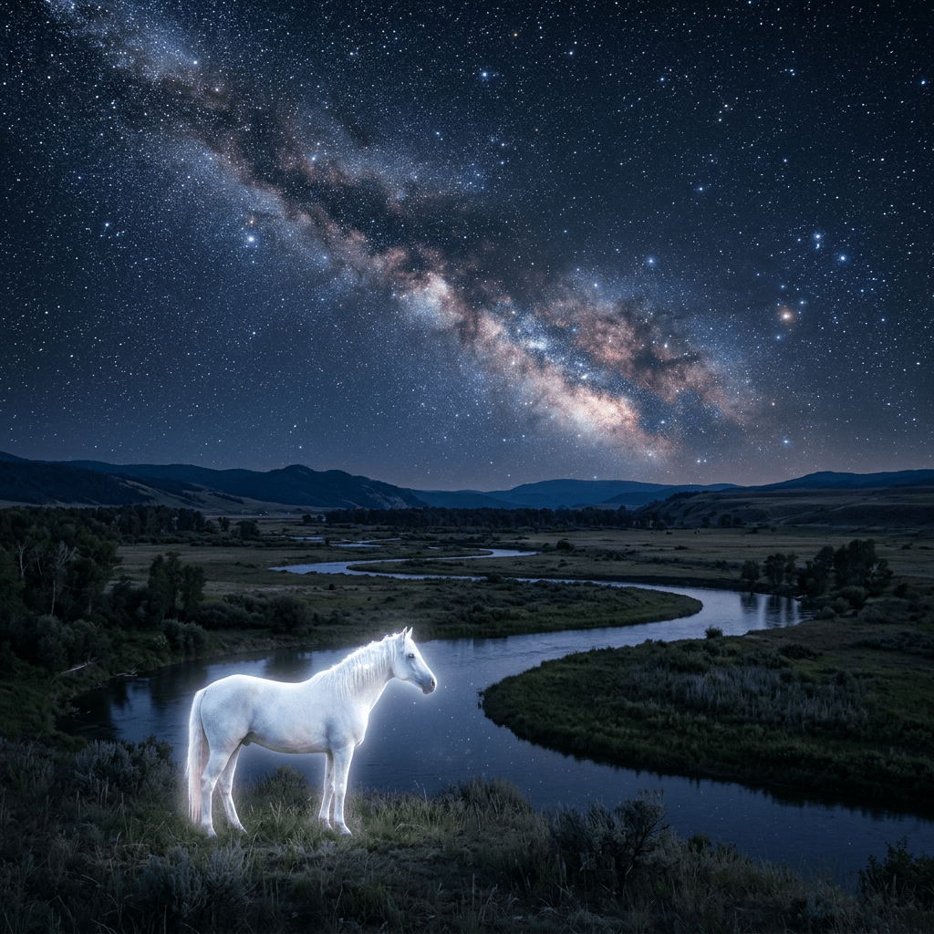White glowing horse by river under starry Milky Way sky