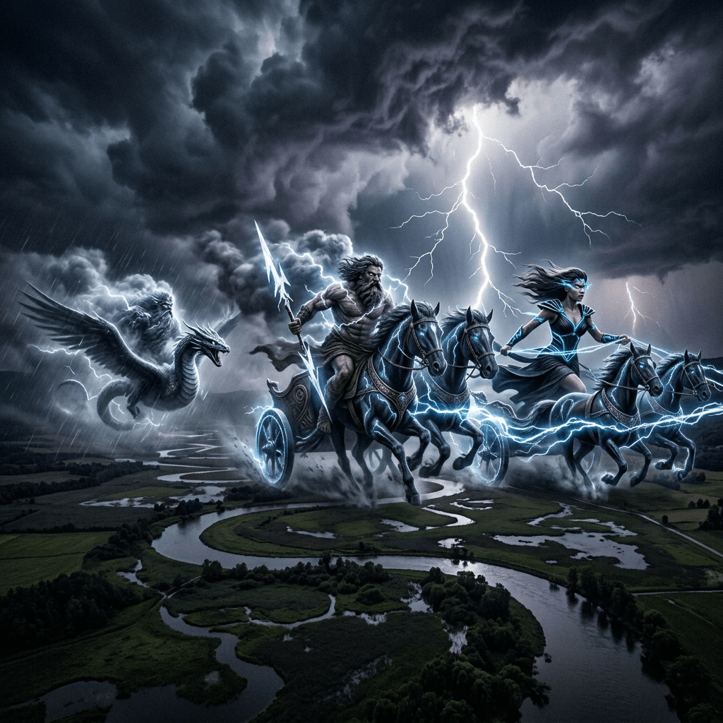 Mythical storm gods with lightning, one riding a black horse with a spear, another driving a lightning chariot with a dragon behind